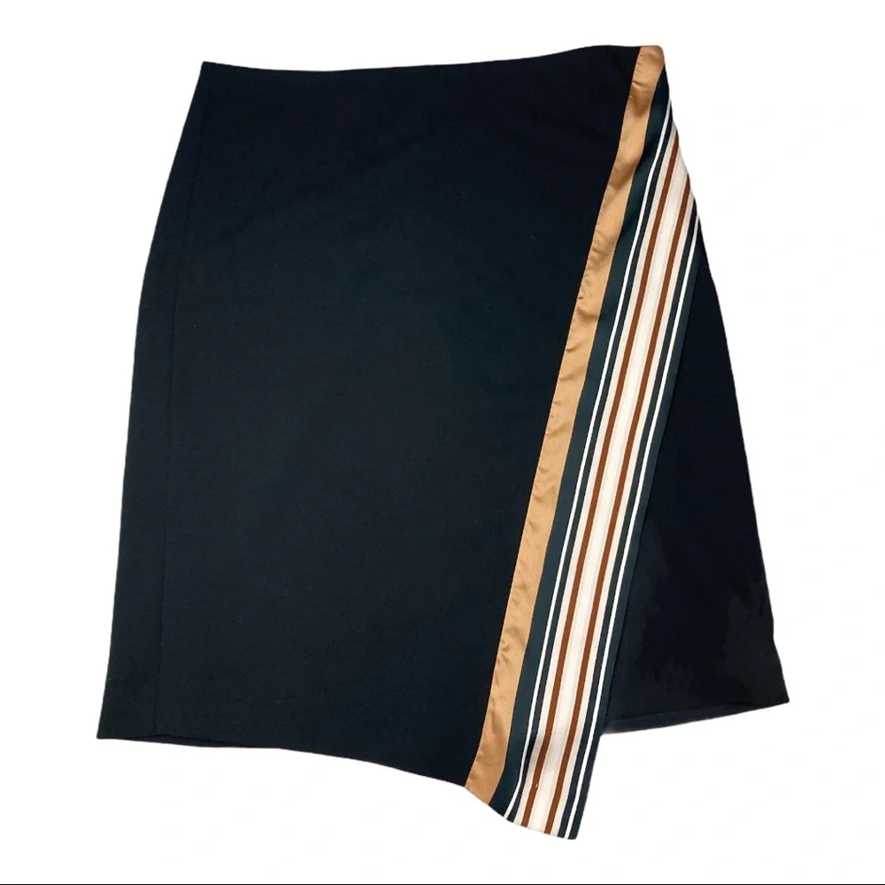 DKNY Black Midi Skirt with Tan and White Stripe Detail